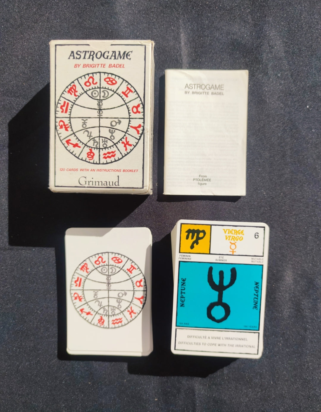 Astrogame by Brigitte Badel – Rare Vintage Astrology Card Deck (1986) – 120 Cards + Guidebook – Grimaud Edition
