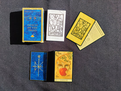 Cet Oracle a été créé par Dominique Duplaa "Éditions du Gange."
Ce jeu divinatoire n'est plus édité dans ce format.L’Oracle de la Triade est un jeu s’inspirant de la symbolique de philosophies et religions diverses : christianisme, judaïsme, astrologie, numérologie, alchimie, franc-maçonnerie, mythologies, kabbale, et aussi l’antiquité, l’Égypte ancienne, les traités de magie, la psychologie etc. Selon, l’auteur, ce jeu permet de cerner les problèmes matériels propres à notre dimension terrestre.
