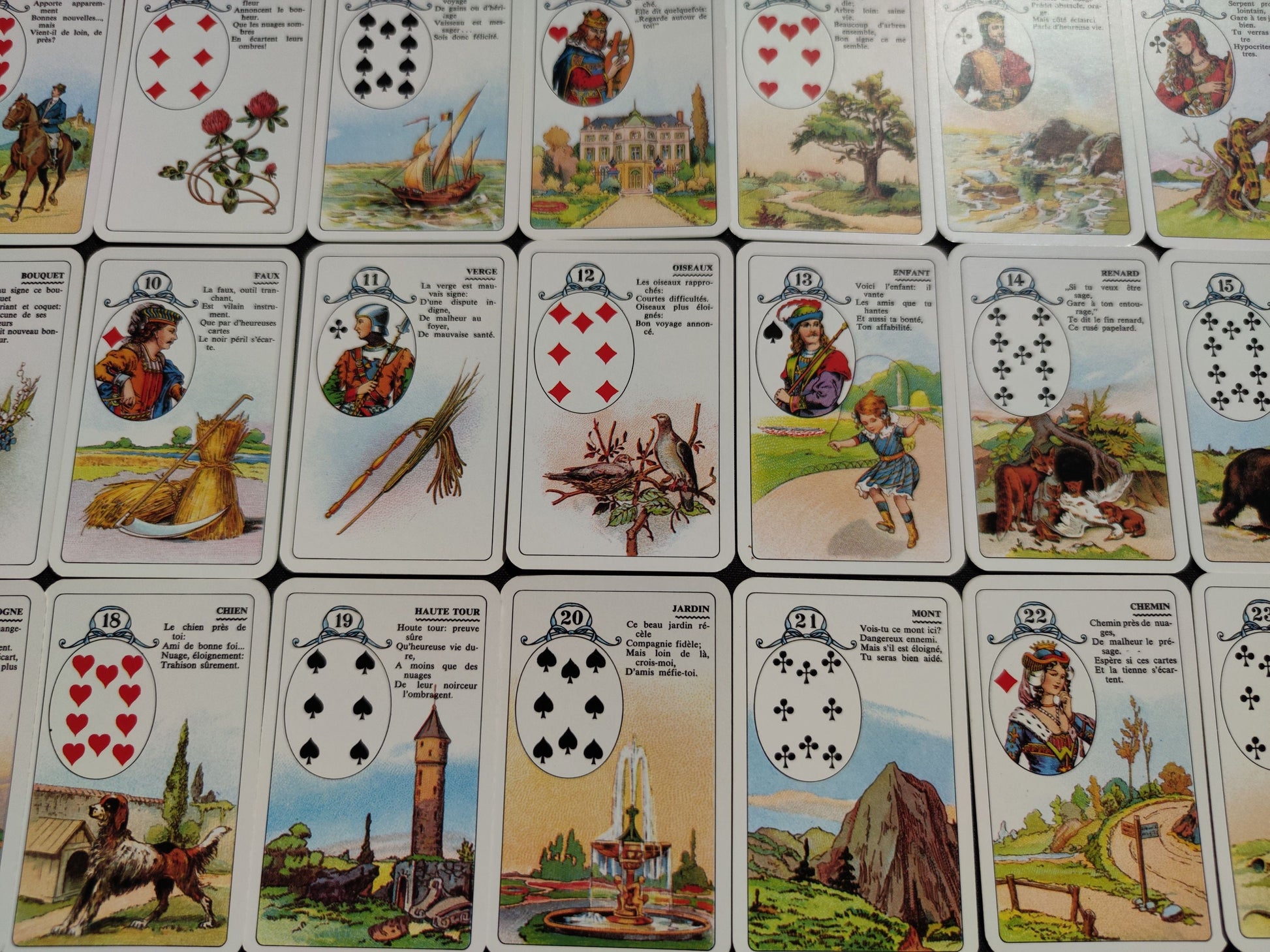 Petit Lenormand 1960/1970.La version la plus populaire du jeu de Mlle Lenormand est la version éditée par l'éditeur belge
"Carta Mundi" et qui comporte un
ensemble de cartes avec une
représentation picturale et un cours texte
décrivant la carte.