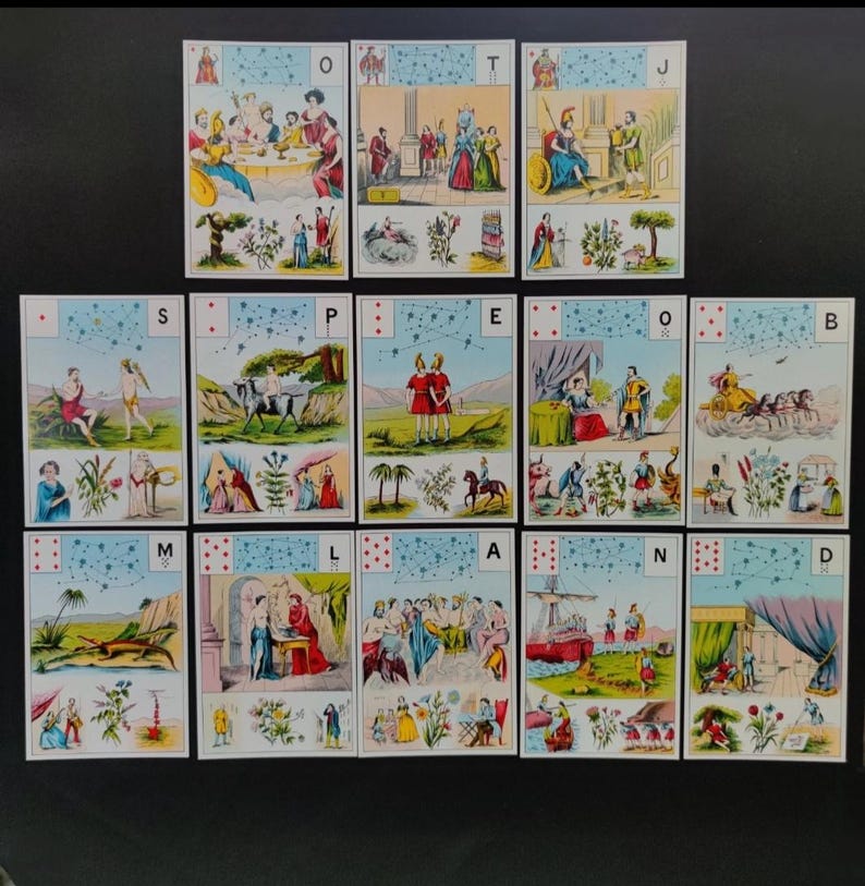 Autre vue des cartes du Grand Jeu de Mademoiselle Le Normand présentées à plat.