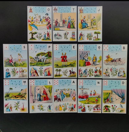 Autre vue des cartes du Grand Jeu de Mademoiselle Le Normand présentées à plat.