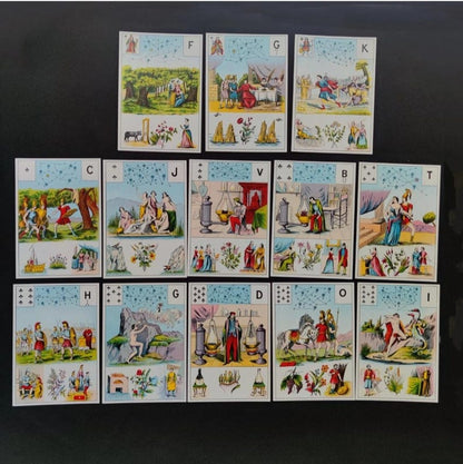 Vue des cartes du Grand Jeu de Mademoiselle Le Normand disposées à plat.